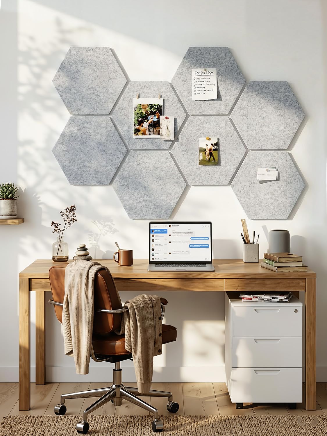Uoisaiko 8 Pack Hexagon Felt Bulletin Board Tiles - 12" Large Thick Pin Board for Walls with 30 Push Pins, DIY Boards for Office Home School Decor, Aesthetic Hex Cork Board Alternative