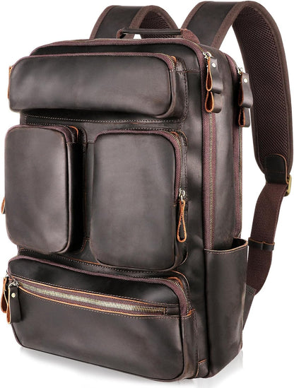 Fshsup Vintage Genuine Leather Backpack for Men 17.3" Laptop Bag Full Grain Leather Backpack Travel Weekender Hiking Shoulder Daypacks Overnight Weekender Rucksack
