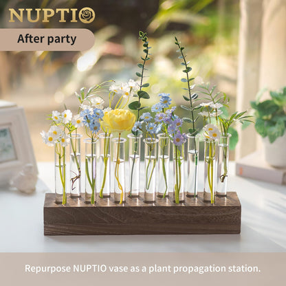 NUPTIO Vase Wedding Centerpiece for Table: 15" Long Rectangular Wooden Base and 12 Pcs Glass Test Tube Bud Vases for Flower Arrangement Dining Table Center Piece Home Decor Gifts for Plant Lovers