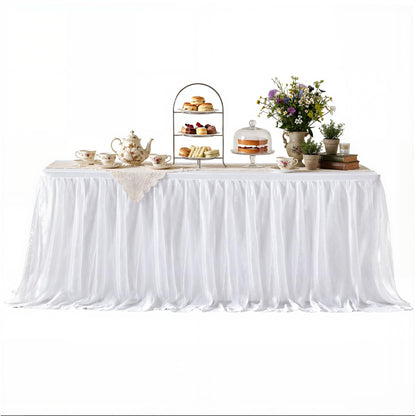 Besutolife 6FT Tulle Table Skirt for Rectangle Tables White 3-Layer Tutu Desk Skirts Ruffled Shimmer Table Skirting for Birthday Wedding Parties Gender Reveal Baby Shower Cake Dessert Table Decor