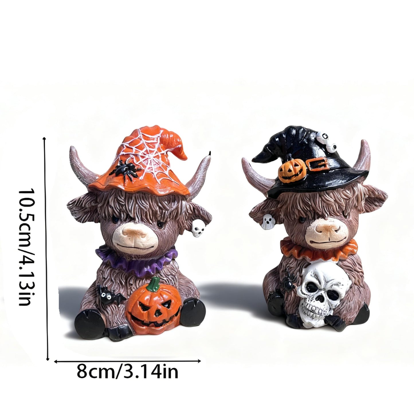 Bokynu Highland Cow Figurine Decor, Halloween Resin Highland Cow Statue Kitchen Decorations Indoor, Calf Lovers Gifts (2 Pcs)