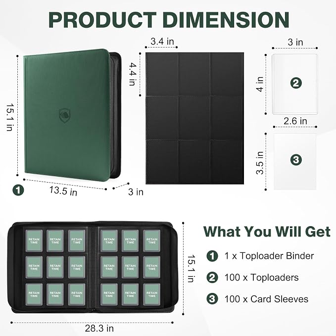 Toploader Binder, Holds 360 Toploaders, 100 Toploaders INCLUDED, 9-Pocket PU Cover Top Loader Binder for 3" x 4" Rigid Toploader, Ringless Double-Sided Toploader Card Binder for TCG, Sport Cards