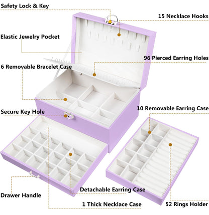 QBestry Earrings Jewelry Box for Girls, 5 Layers Jewelry Organizer with Earring Holder Organizer for Girls Earring Organizer Jewelry Boxes for Women Earrings and Necklaces Jewelry Box Organizer Violet