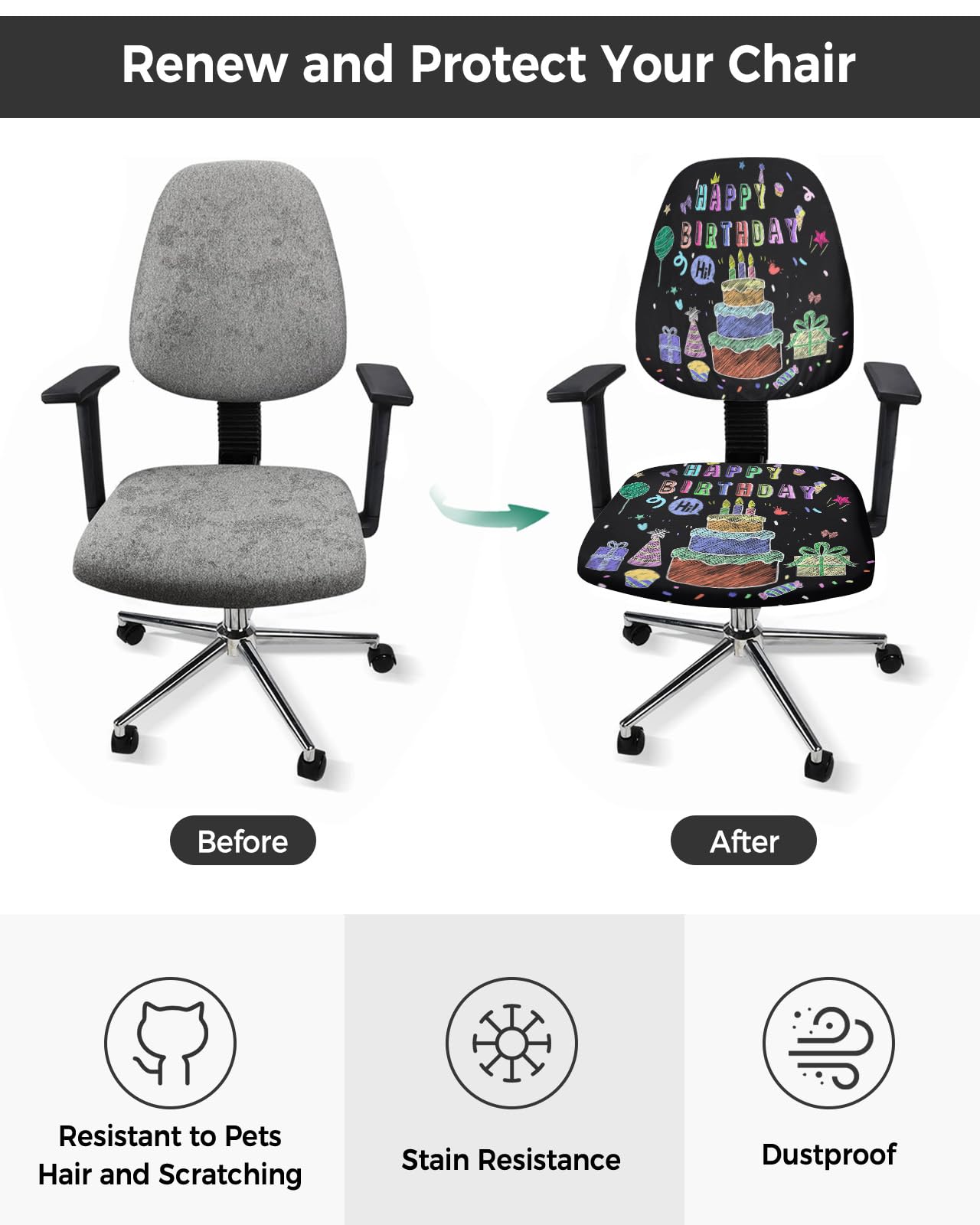 LiDU Happy Birthday Office Chair Cover - Stretch Rotating Computer Chair Seat Back Covers, Birthday Gifts Cake Balloons Black Desk Chair Covers Stretchable Office Chair Slipcovers Protectors