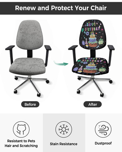 LiDU Happy Birthday Office Chair Cover - Stretch Rotating Computer Chair Seat Back Covers, Birthday Gifts Cake Balloons Black Desk Chair Covers Stretchable Office Chair Slipcovers Protectors