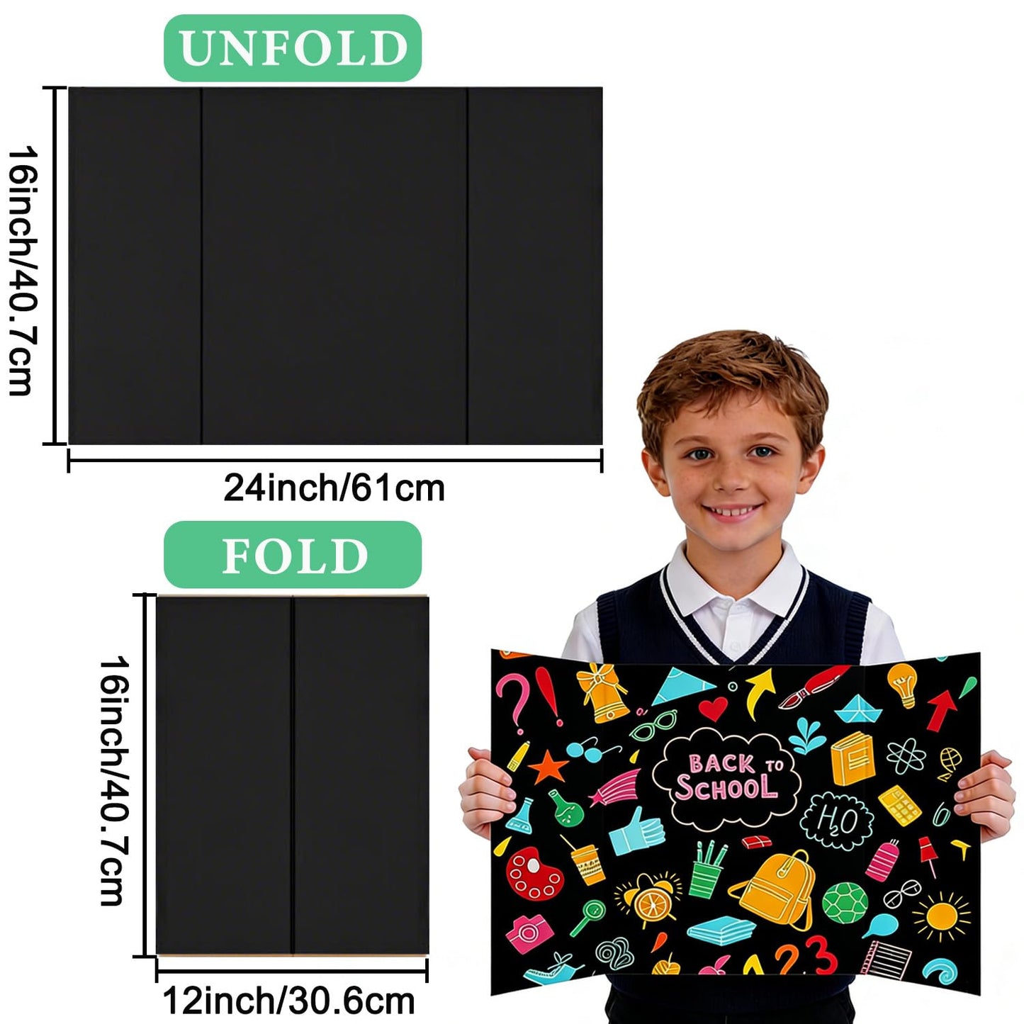 3-Pack Black Trifold Display Boards, 24 x 16 Inches Tri-Fold Corrugated Presentation Boards for Classroom Projects, Science Fairs, Business Events, and Exhibits