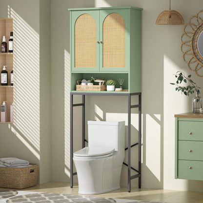 Befrases Rattan Toilet Storage Cabinet, Over the Rack Wood Cabinet with Metal Stand, Bathroom Organizer with Adjustable Shelf, Space Saving Cupboard for Small Bathrooms, Washer Shelf, Green