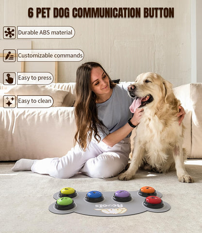 6 Piece Dog Talk Buttons, Dog Buttons for Communication with Non-Slip Mat, 30s Recordable Voice Commands To Train Pet, Dog Talking Buttons Starter Set with 48 Scene Stickers Suitable for Easy Training