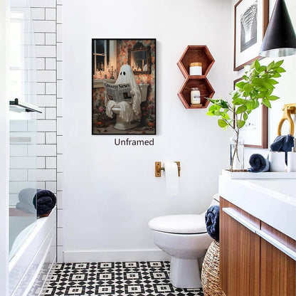 Venphude Ghost Bathroom Canvas Wall Art, Cute Ghost Reading Ghostly News on Toilet Poster, Pink Flowers Romantic Dark Academia Halloween Print, Gothic Spooky Wall Decor for Restroom 12x16in Unframed