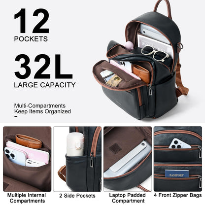 LATMAP Backpack Purse for Women Laptop Backpack, Leather Travel Backpack Shoulder Bag Teacher College Daypack Work Handbag fits 14" Laptop-Black with Brown