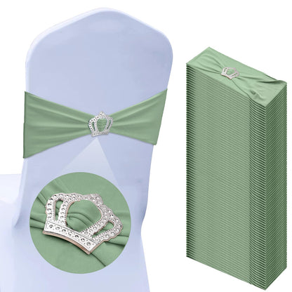 VitalCozy 50 Pcs Stretch Chair Sashes with Crown Chair Sashes with Buckle Slider Wedding Elastic Cover for Party Bridal Baby Shower Ceremony Reception Banquet(Sage Green)