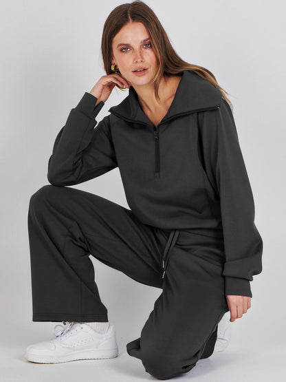 ANRABESS Women 2 Piece Outfits 2025 Fall Fashion Airport Wide Leg Pants Lounge Set Leisure Travel Vacation Clothes Sweatsuits Black Medium