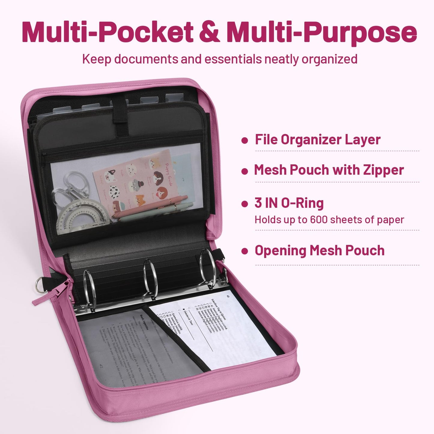 SUNEE Zipper Binder 3 Ring, 3 Inch O-Ring with Handle and Shoulder Strap, 600-Sheet Capacity, 5-Tab Expanding File Folder, Multi-Pockets for Middle School Organizer Binder with Zipper, Grape Purple