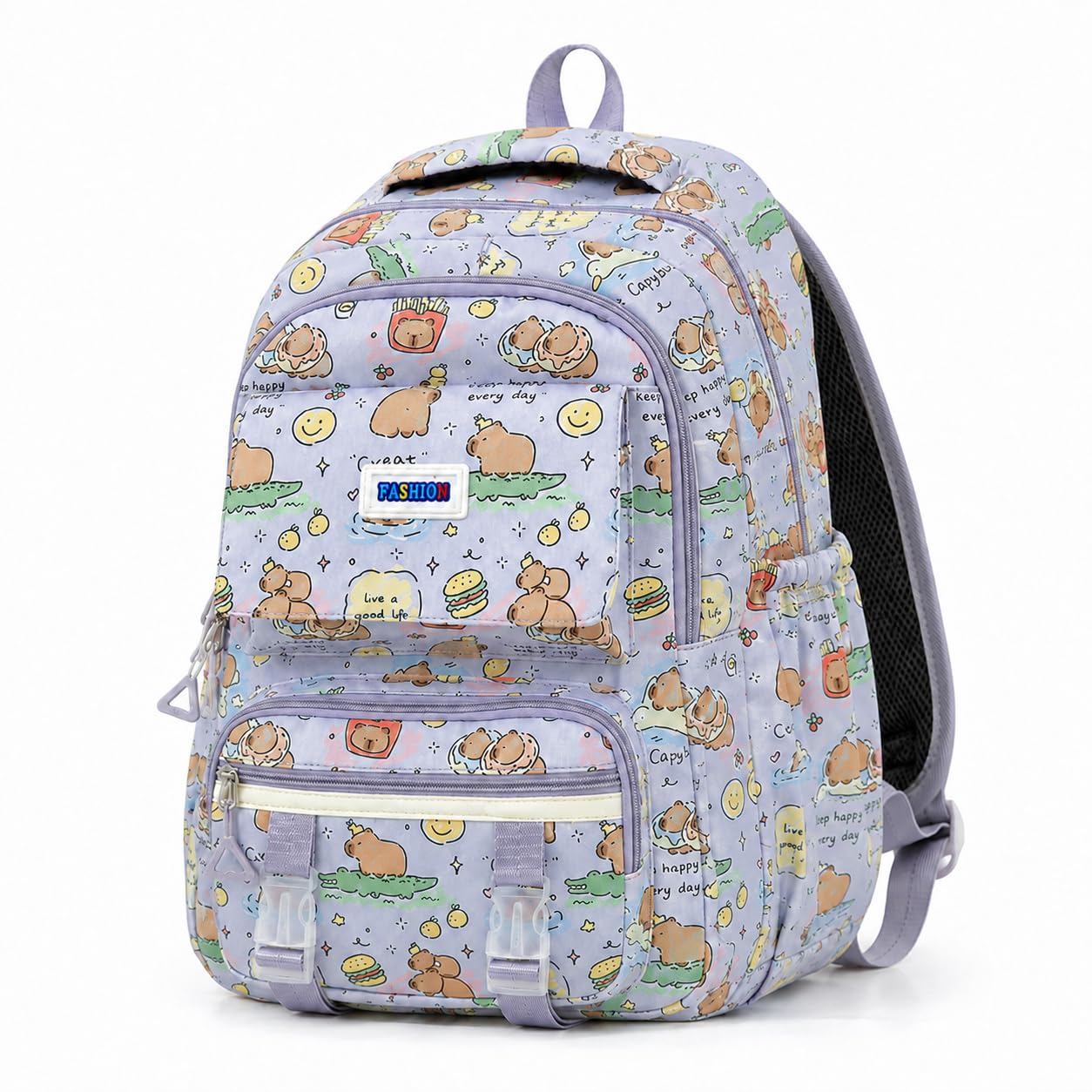 Capybara Backpack with Multi-Pocket Organizer, Water-Resistant Nylon Fashion Aesthetic Daypack, Large Capacity Bag for Capybara Lovers - 17" Height(Purple)