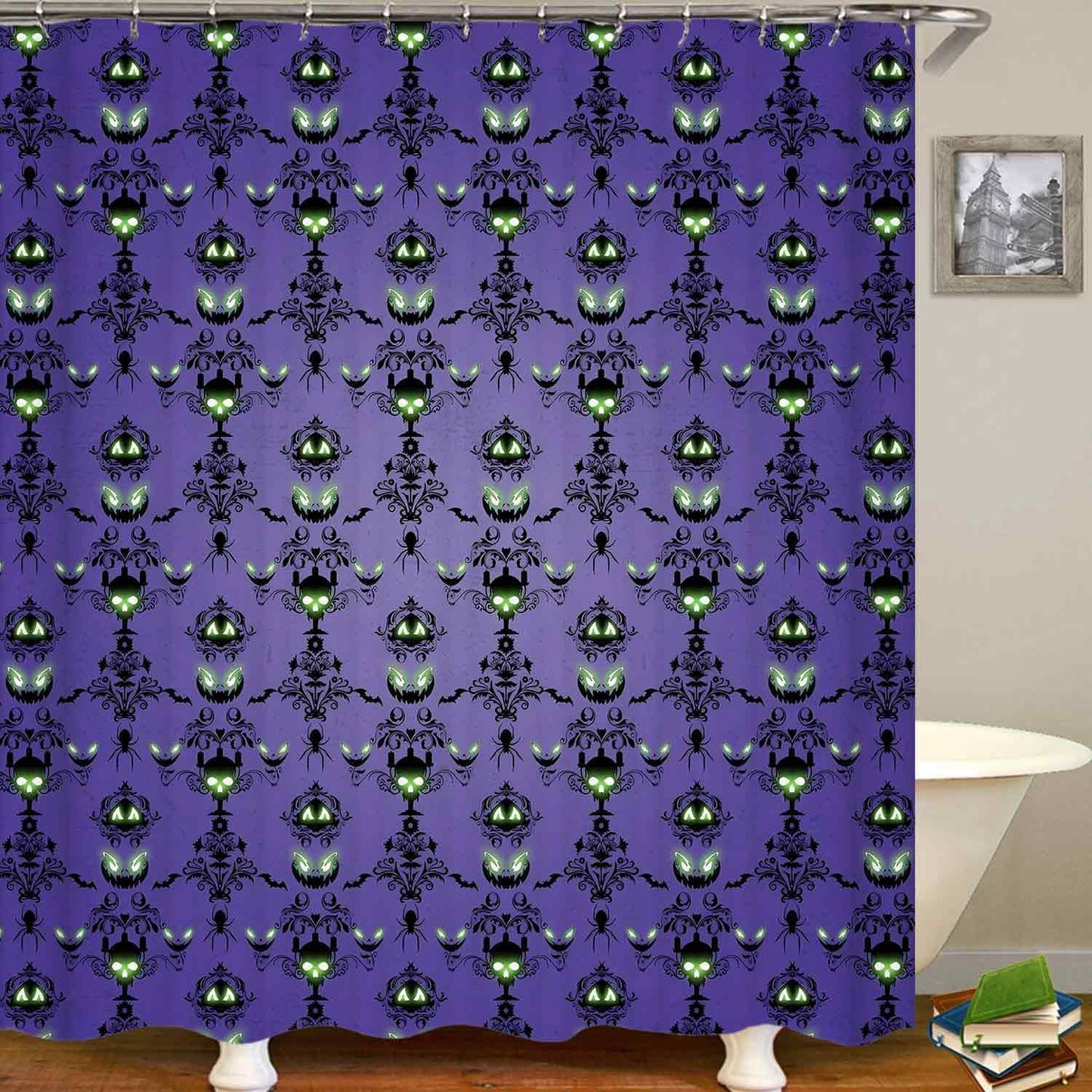 OLEBETY 4PCS Halloween Shower Curtain Set, Waterproof Fabric Purple Shower Curtain, Non-Slip Bath Mat Bathroom Rugs, Skull Spooky Pumpkin Black Floral Bat Spider Haunted House Mansion Bathroom Decor