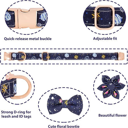Dog Collar and Leash Set Adjustable Girls Puppy Floral Collars with Bow Tie for Small Medium Large Dogs(S, Blue Planet)