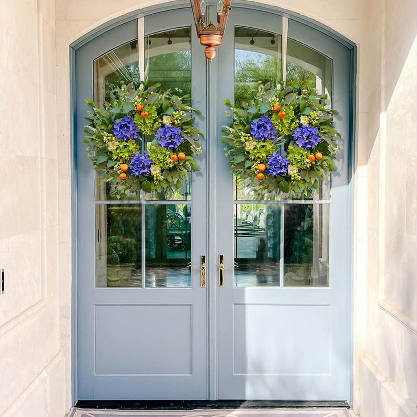 Spring Wreaths for Front Door 24 Inch, Summer Wreath Outdoor，Silk Hydrangea Wreath with White Blossoms & Mini Mandarins, Rustic Farmhouse Indoor & Outdoor Seasonal Wreath, Spring&Summer Home Decor