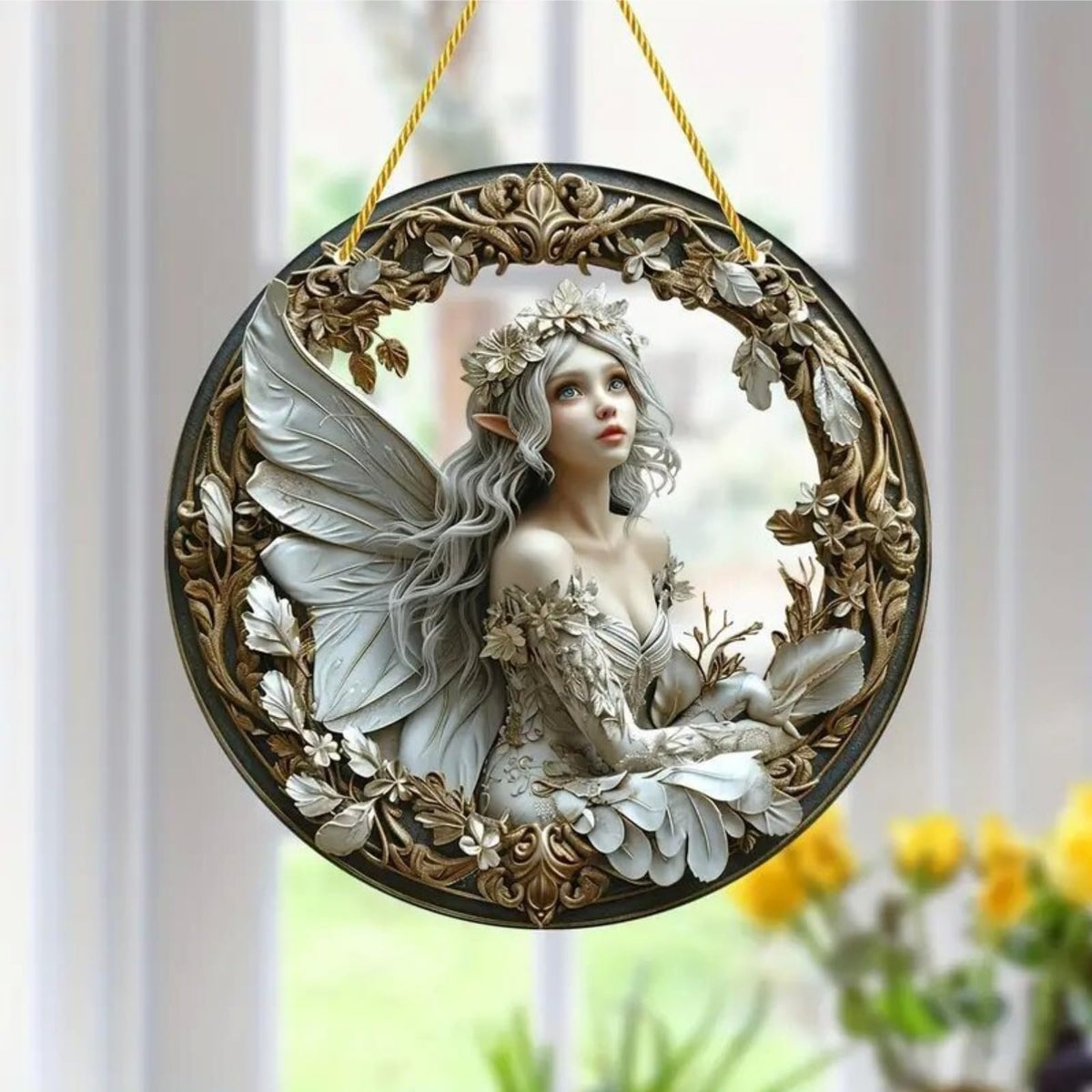 VTYFRY Flower Fairy Garden Decorations Angel Wing Christmas Halloween Deco Statue Art Elf Sculpture Hanging Craft for Outdoor Yard Courtyard Lawn Patio Window Acrylic Ornament Home Gift (D,S: 6*6 IN)