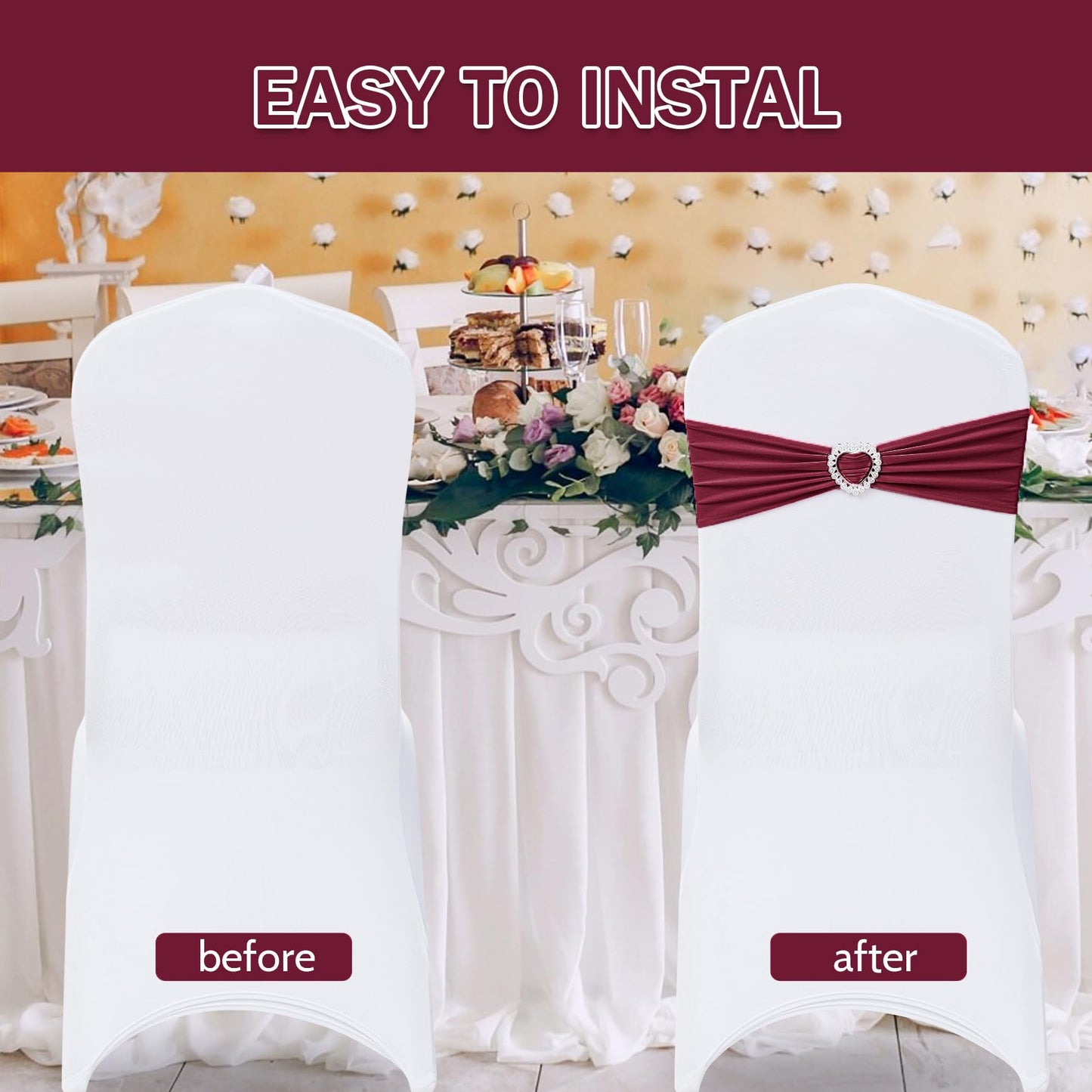Howhic Pack of 60 Spandex Chair Sashes Bows Stretch Cover Band with Buckle Slider Universal Elastic Chair Ties for Wedding Banquet Party Event Decoration (Burgundy)