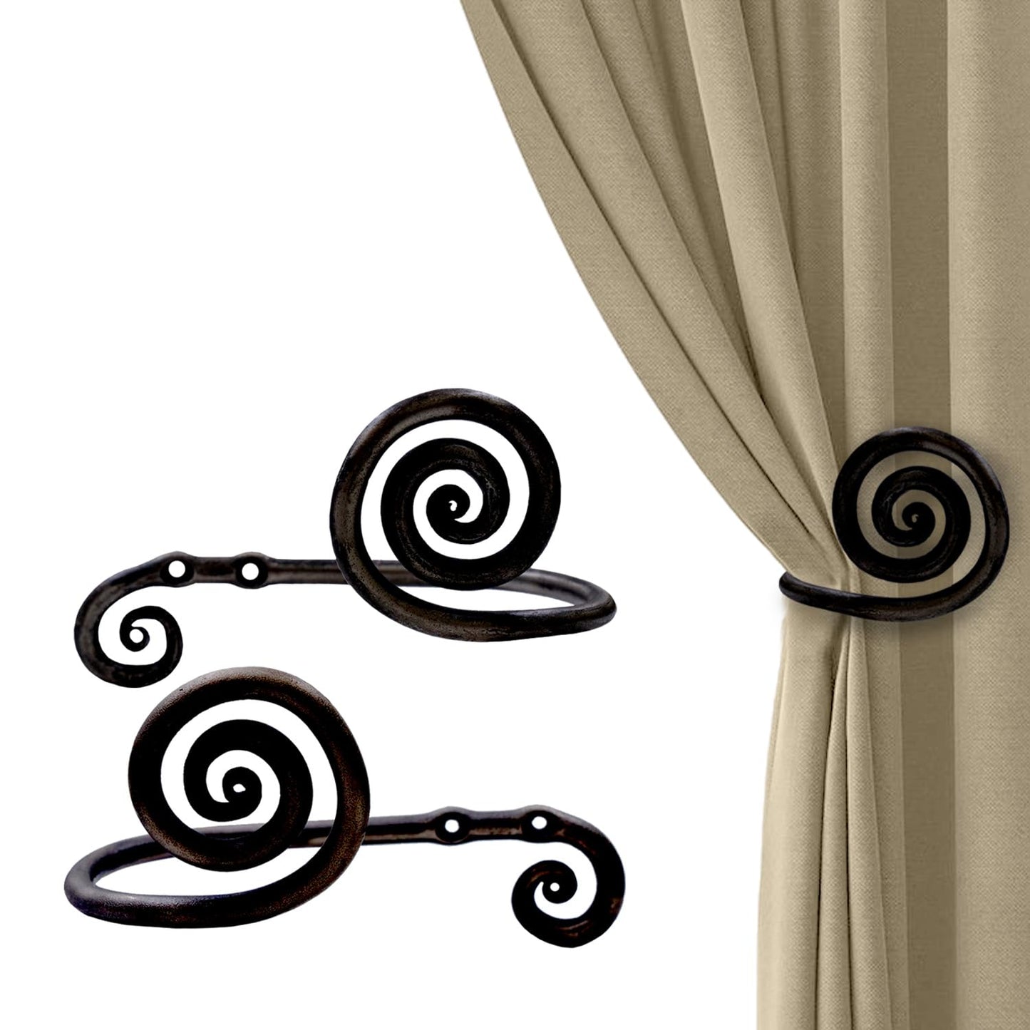 THDC Sturdy Wrought Iron Wall Mounted Curtain Holdbacks (Pack of 2) - Curtain Holders for Living Room, Bedroom, Kitchen, Office (Swirl Black)