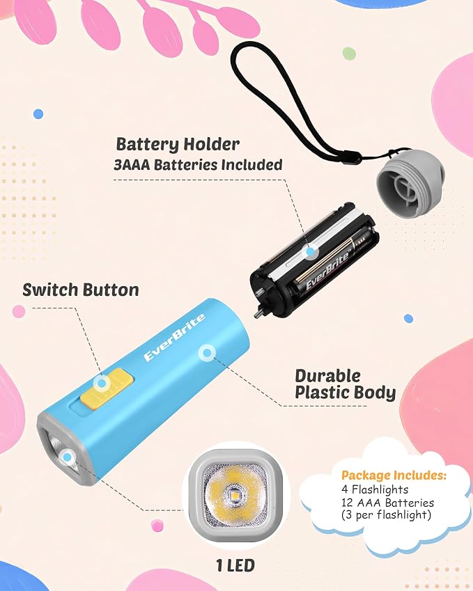 EverBrite 4-Pack Mini LED Plastic Flashlights, Assorted Colors Portable Torch Lights with Lanyard, Small Flashlight for Emergencies and Camping, 3 AAA Batteries Included