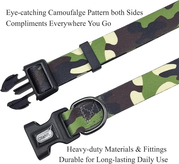 Dog Collar Leash Set, Camouflage Pattern, Polyester Material, Adjustable Collar and 5ft Matching Leash, for Medium Dogs.(M, Camo)