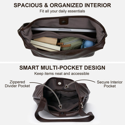 Hobo Bag for Women, Soft Vegan Leather Slouchy Shoulder Tote Purse with Matching Pouch, Adjustable Strap & Magnetic Closure Brown