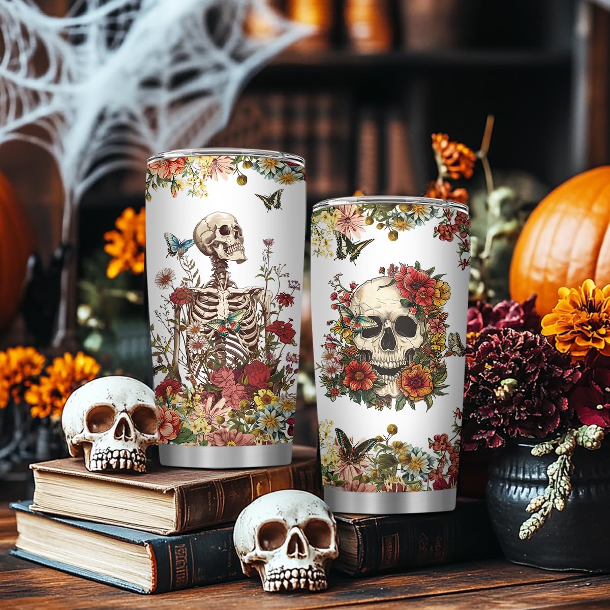 MoYueno Skull Tumbler, Horror Gifts for Skull Lover Men Women, 20 Oz Horror Wicked Spooky Flower Travel Coffee Tumbler Cup with Straw & Brush, Christmas Birthday Thanksgiving Gifts, 1 PCS