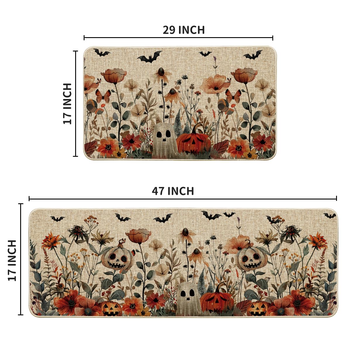 Artoid Mode Ghost Jack-O'-Lantern Pumpkin Flowers Halloween Kitchen Mats Set of 2, Low-Profile Home Decor Kitchen Rugs for Floor - 17x29 and 17x47 Inch
