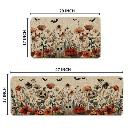 Artoid Mode Ghost Jack-O'-Lantern Pumpkin Flowers Halloween Kitchen Mats Set of 2, Low-Profile Home Decor Kitchen Rugs for Floor - 17x29 and 17x47 Inch