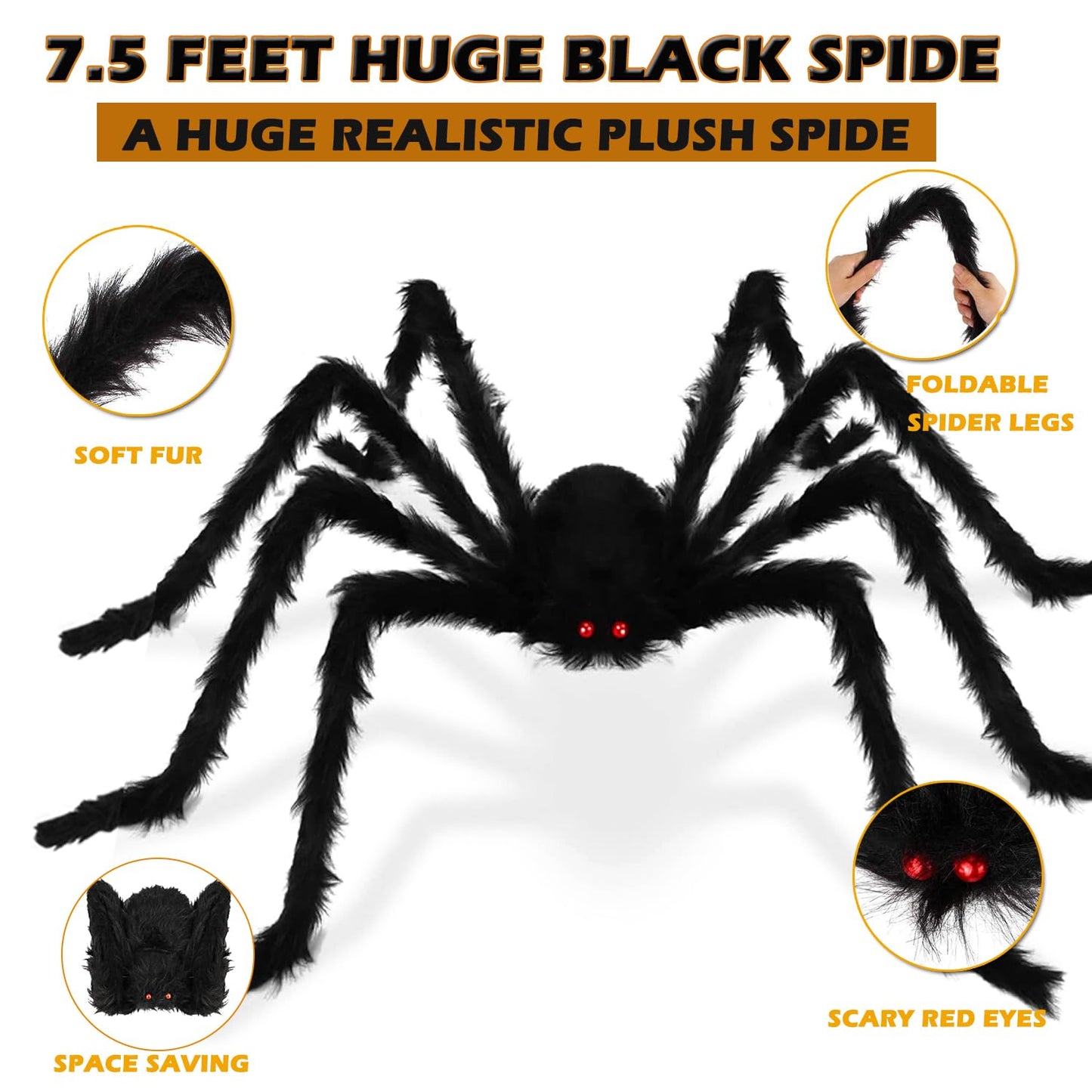 Epesl Halloween Giant Spider Outdoor Decorations, 7.5Ft Huge Hairy Black Spider, Scary Fake Spider Props for Halloween Indoor, Outdoor and Yard Patio Window Creepy Decor Supplies