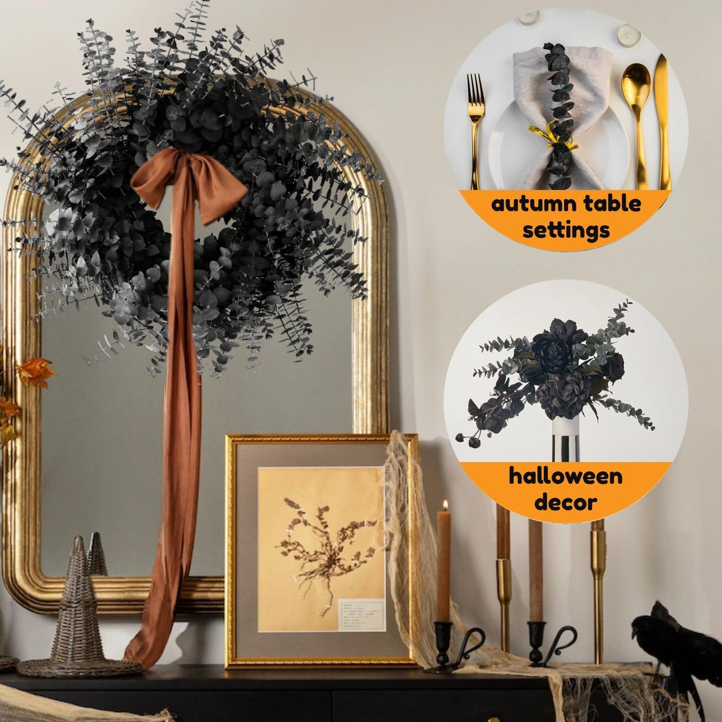 15pcs Real Black Eucalyptus Stems - Black Flowers and 17 Inch Preserved Natural Eucalyptus Leaves Branches for Flower Arrangement DIY and Home Decor Halloween Farmhouse Vase Decoration