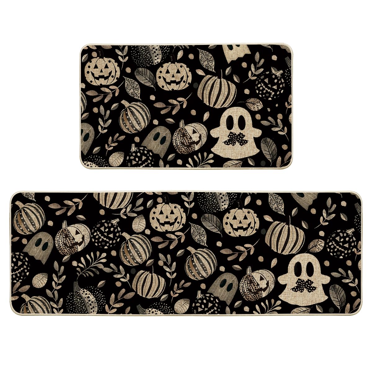 Artoid Mode Ghosts Boo Pumpkin Leave Halloween Kitchen Mats Set of 2, Low-Profile Home Decor Kitchen Rugs for Floor - 17x29 and 17x47 Inch
