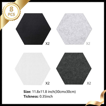 8 Packs Black White Gray Hexagon Felt Pin Board, 12" Bulletin Board with 30 Push Pins, Felt Board for Home Kitchen Office Decor, Self-Adhesive Corkboard Tiles for Walls School Message Photos Memos