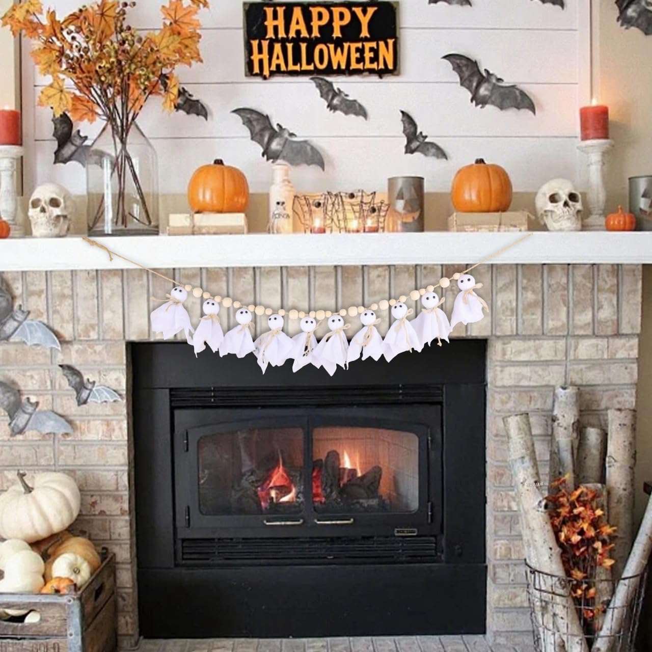 Halloween Decorations Indoor，7Ft Cute Halloween Ghost Garland with Wooden Beads，Handmade Rustic Banner for Mantel Wall Home Office School Indoor Outdoor Spring Decor Supplies