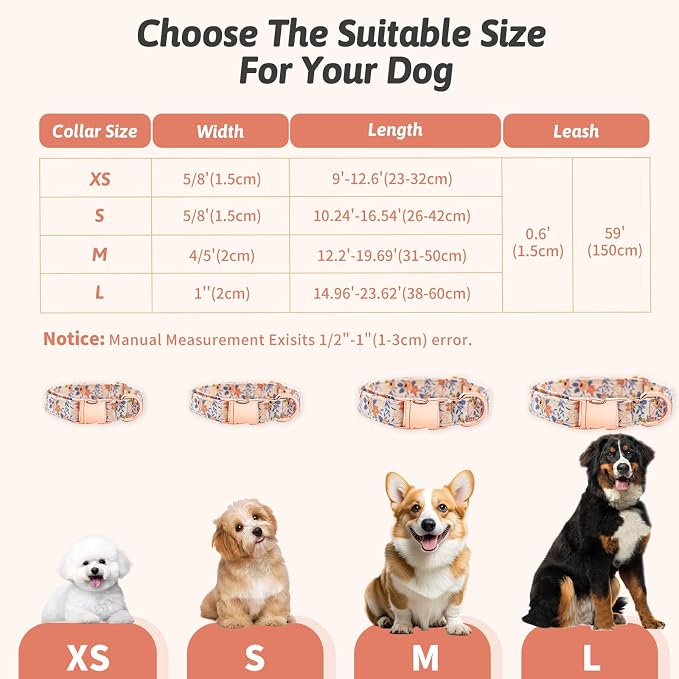 Dog Collar and Leash Set Girls Adjustable Puppy Collars with Floral Bow Tie for Small Medium Large Female Dogs, Orange Flower, M