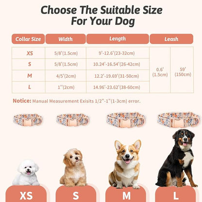 Dog Collar and Leash Set Girls Adjustable Puppy Collars with Floral Bow Tie for Small Medium Large Female Dogs, Orange Flower, L