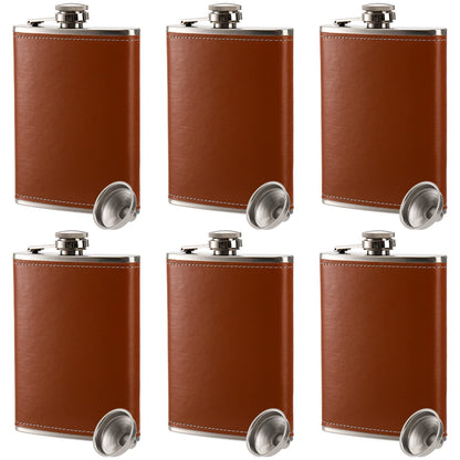 Suwimut 6 Pack Hip Flask for Liquor for Men Women, 8 oz Leak Proof Stainless Steel Pocket Hip Flask with Brown Leather Cover and Funnel for Drinking of Alcohol, Whiskey, Rum and Vodka