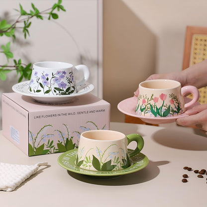EWCEFIC Cute Ceramic Coffee Mug and Saucer Set for Women, Spring Floral Embossed Design, 9.5oz/280ml, Perfect for Home, Office & Holiday Gifts (Pink Tulip)