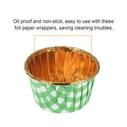 HARFINGTON Gold Green Plaid Cupcake Cups, 50pcs Aluminum Foil 3.5oz Standard Cupcake Liners Cupcake Baking Cups for Birthday Party Supplies Weddings Decorations