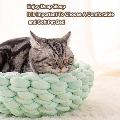 Woven Dog Bed Basket, Knitted Cotton Cat Bed Round Washable Woven Cat Pet Bed Chunky Dog Basket, Orthopedic, Chunky Knit Dog Nest,Dog Bed,Dog Cave,Dog Bedding(Blue,19")