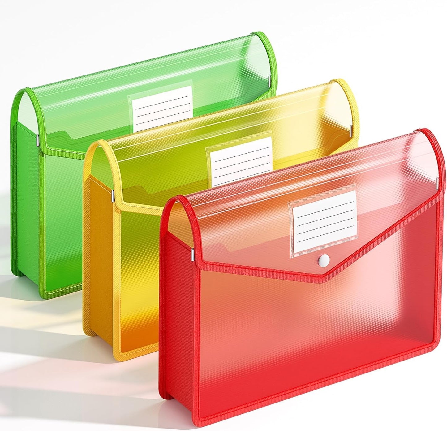 XingDuing 3 Pack Plastic Expanding File Folder, Transparent Envelopes with Snap Closure, Fit Letter/A4 Size for School/Office/Home/Hospital, No Dividers, Large Capacity-3 Colors