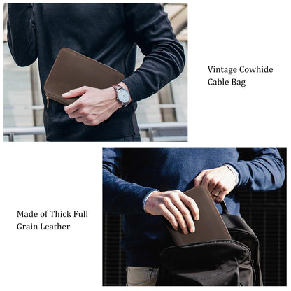 Polare Full Grain Leather Travel Cable Organizer Case Double Layer Electronics Accessories Carry Bag with YKK Zippers Tech Storage Bag for Cables, Power Bank, USB, SD Card