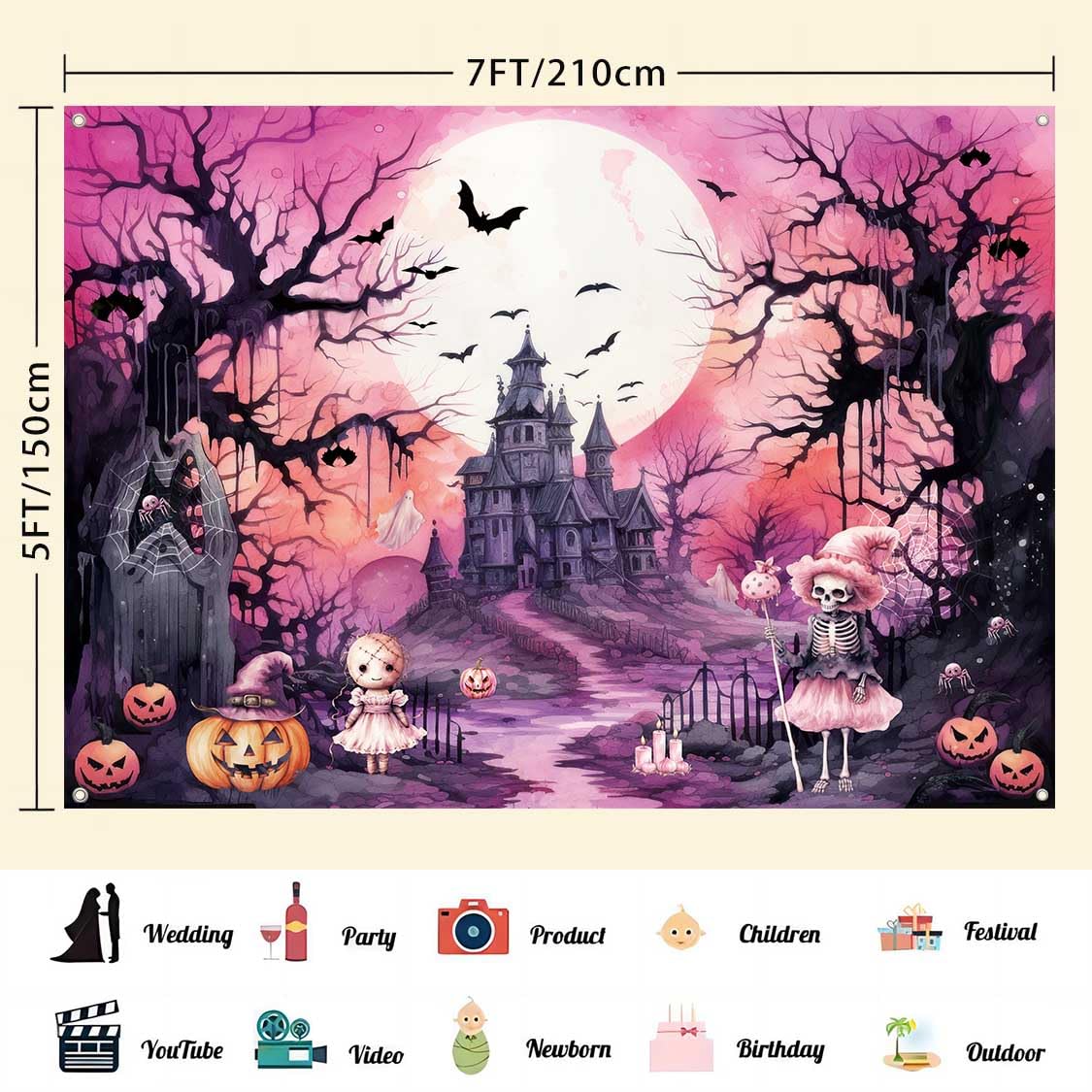 LDWLYW Pink Halloween Backdrop Banner Spooky Witch Halloween Birthday Party Decorations Pink Black Ghost Boo Haunted House Photo Backdrop Background Wall Decor for Girls Kids 7x5 ft
