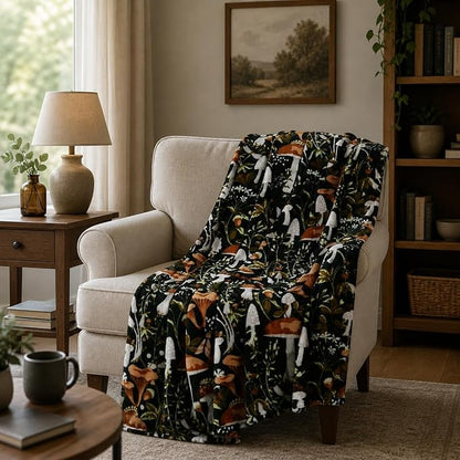 Serafina Home Mushroom Fleece Throw Blanket: Floral Forest Black Brown Beige and White, 50" x 70"