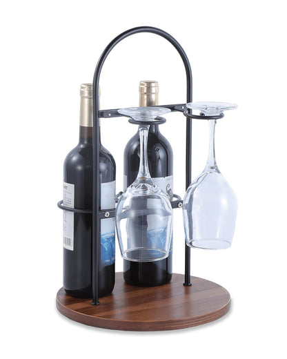 Wine Bottle and Glass Holder for Countertop | Small Wine Rack for 2 Bottles & 2 Glasses | Modern Tabletop Wine Storage with Round Wood Base | Freestanding Wine Stand & Caddy for Home Bar (Black)
