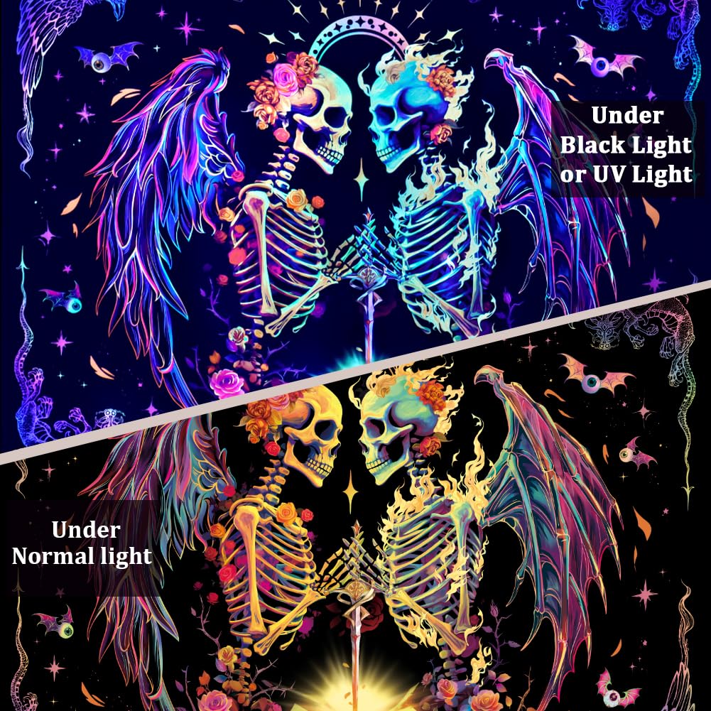 Heopapin Blacklight Trippy Skull Tapestry UV Reactive Gothic Skeleton Wall Hanging Tapestries Fantasy Neon Wing Glow in the Dark Party Poster Magical Galaxy Space Tapestry for Bedroom