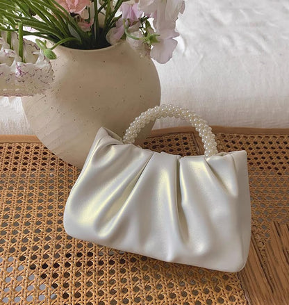 Beatfull Evening Purse Women Small Pearl Handbags Soft Leather Ruched Bag Wedding Bridal Clutch Party Prom Crossbody Purses White