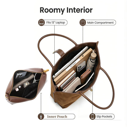 Vegan Leather Tote Bag for Women,UPGRADED LARGER SIZE 2-in-1 Shoulder Handbag with Removable Pouch,Work & Daily Use(Large - Vegan Leather - brown)