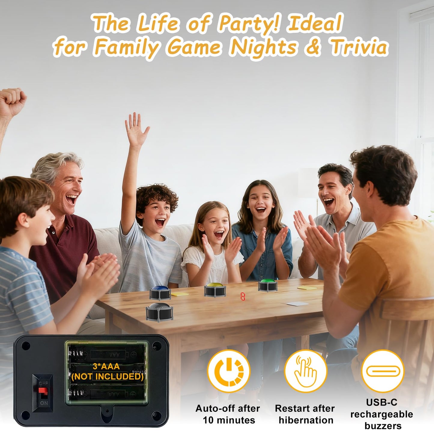 Buzzers for Trivia Games, Rechargeable Answer Buzzers for Classroom with Light, Show Who Buzzed First, 4 Modes, 50m(164Ft)-Buzzer System for Game Show, School, Jeopardy, Family Feud Night (8 Color)